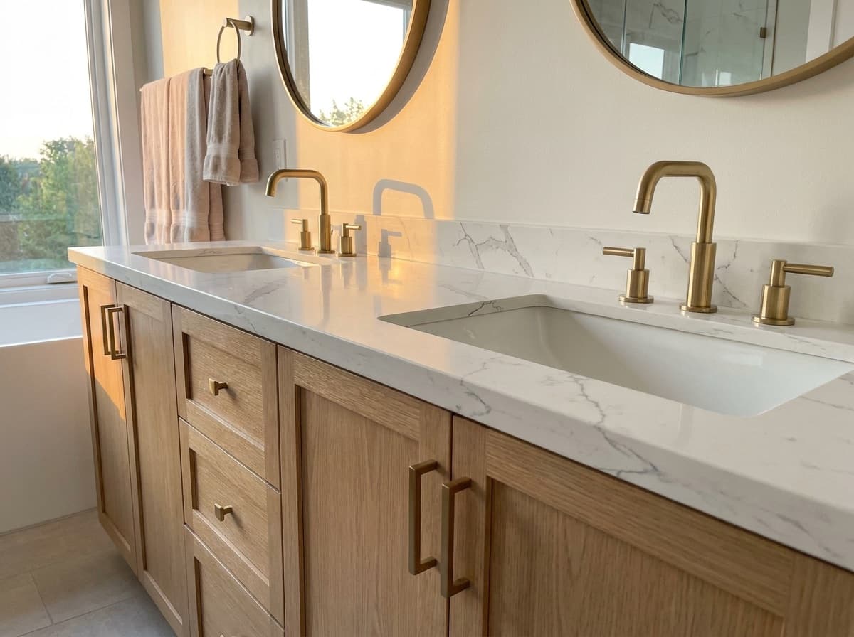 Representative bathroom renovation — double vanity with quartz top